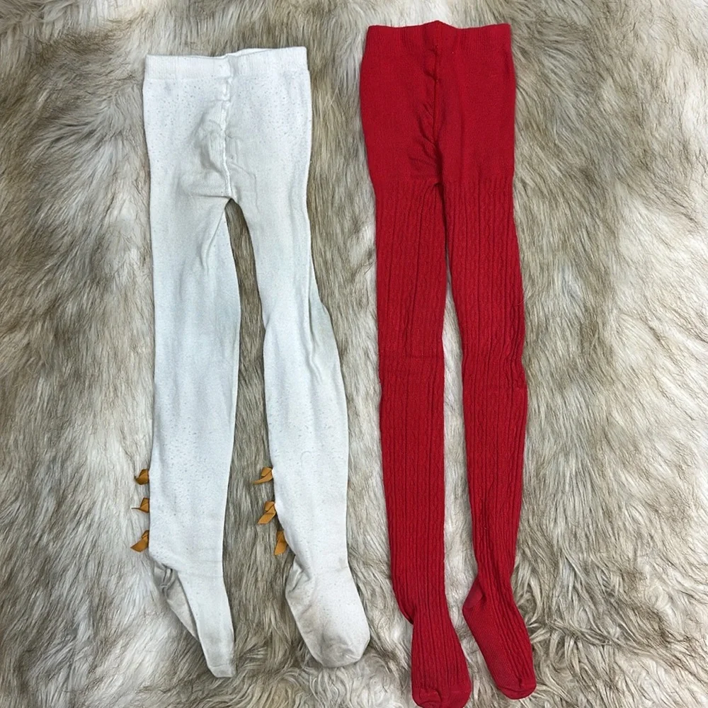 Size 4-5 Janie and Jack Red and White Tights with Bow detail Set